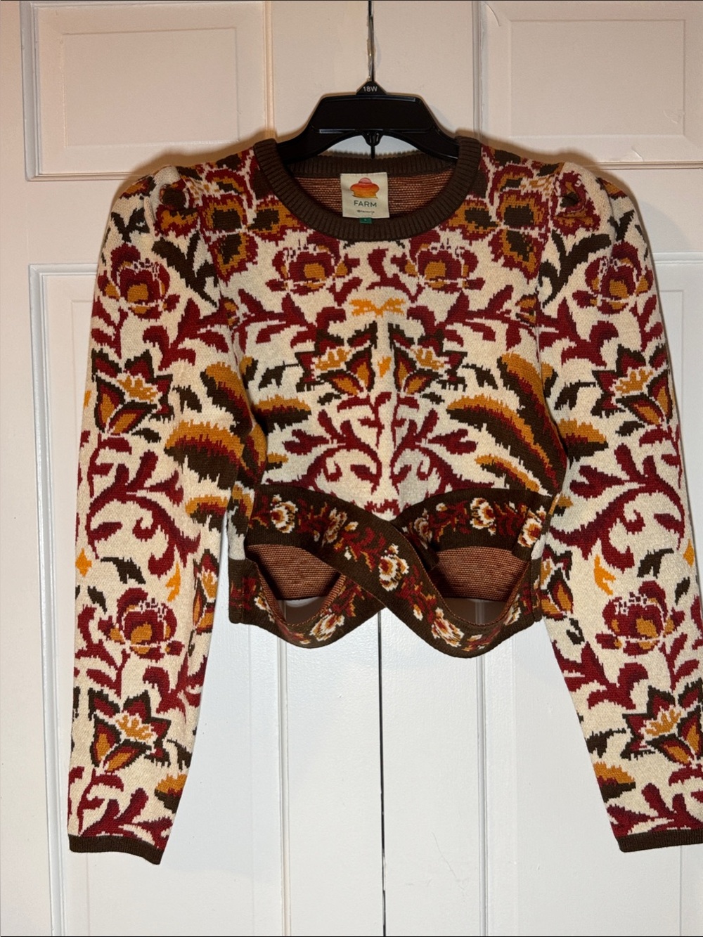NWOT FARM Rio Cream/Burgundy/Mustard Floral Cropped Knit Sweater Crossover Hem - Picture 2 of 11